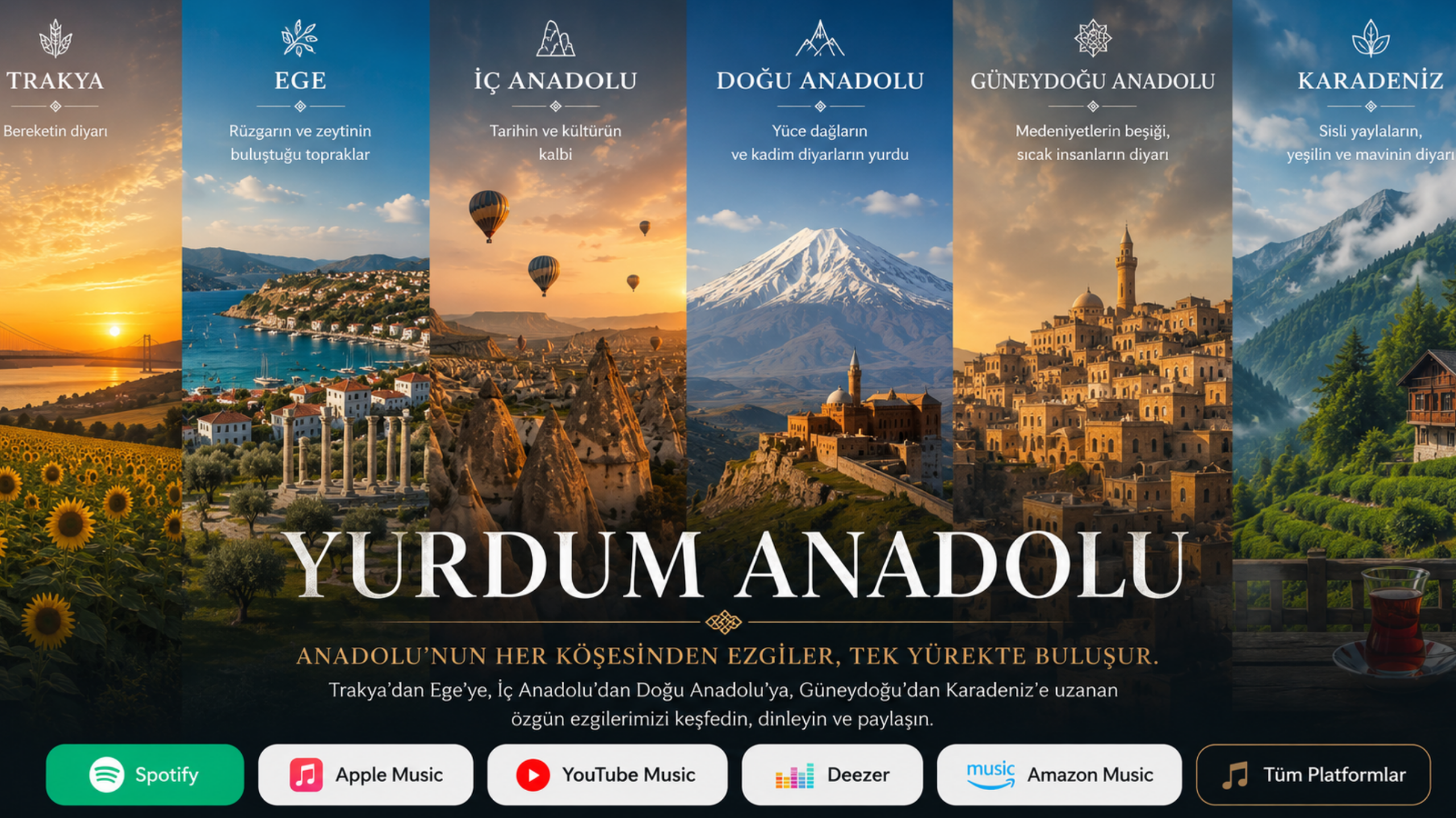 Yurdum Anadolu hero görseli. Trakya, Ege, İç Anadolu, Doğu Anadolu, Güneydoğu Anadolu ve Karadeniz bölgelerini temsil eden kültürel manzara kolajı.